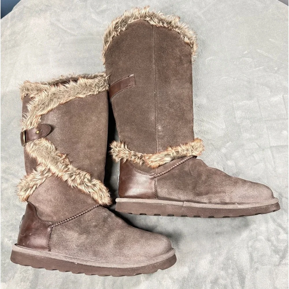 Bearpaw Sheilah Boots Womens 12 Brown Suede Faux Fur Trim Mid Calf